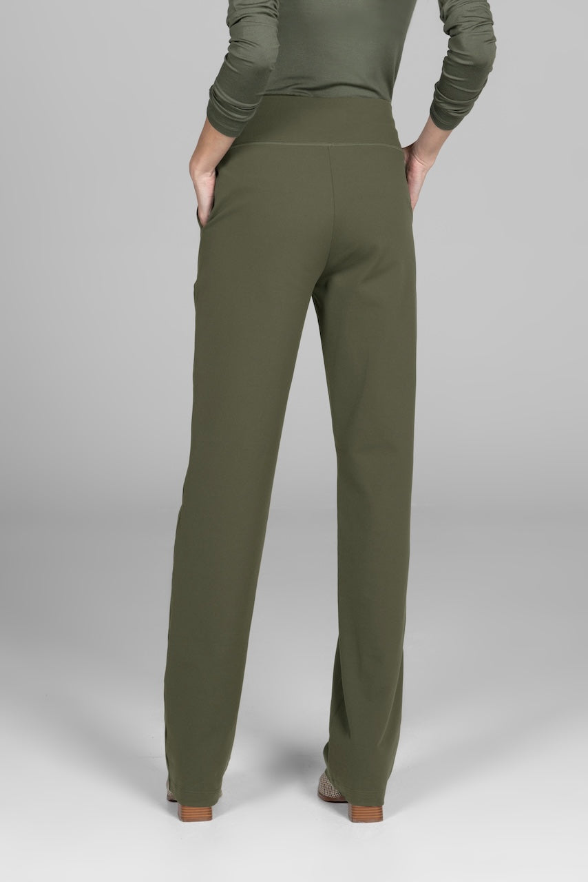 Back view of olive high-waisted pants with clean seam details.