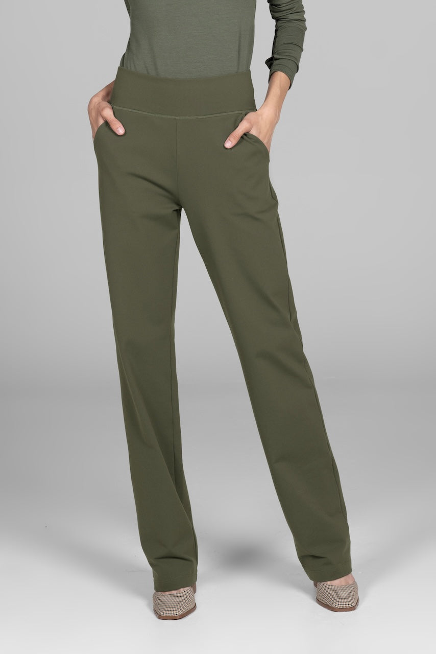 Front view of olive high-waisted pants with side pockets.