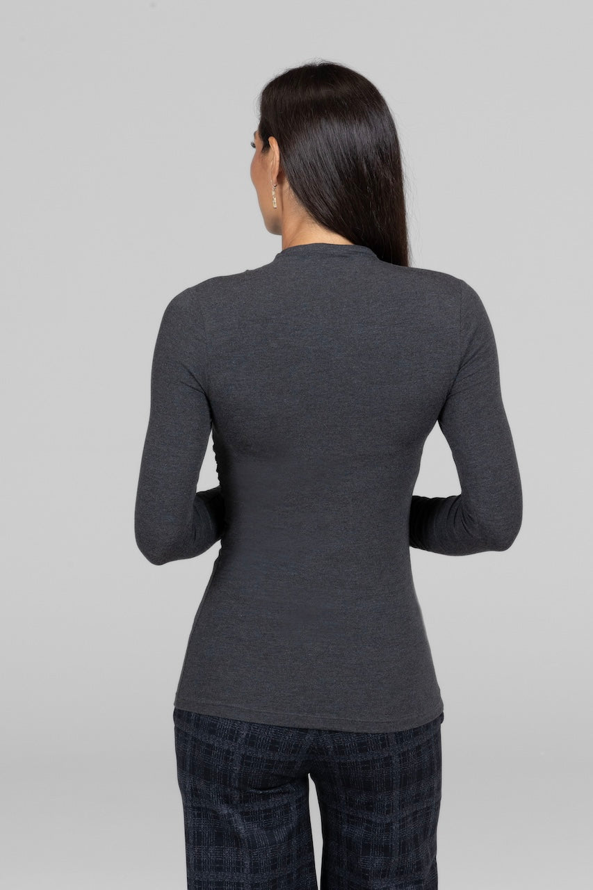 Back view of charcoal grey Luxe Draped Long Sleeve, highlighting the sleek and fluid design.