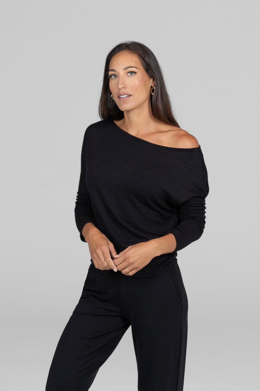 BROOKE SLOUCHY BOATNECK TOP: BLACK