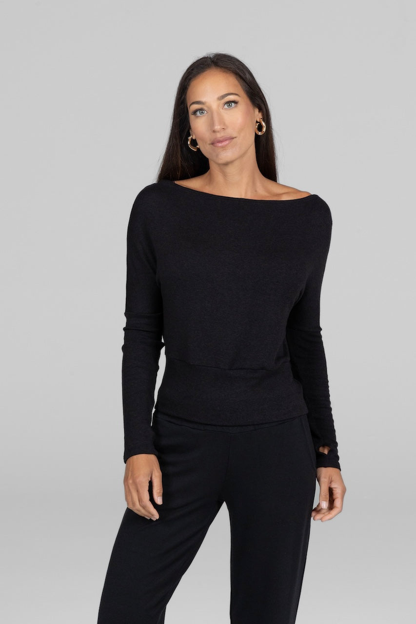 BROOKE SLOUCHY BOATNECK TOP: BLACK