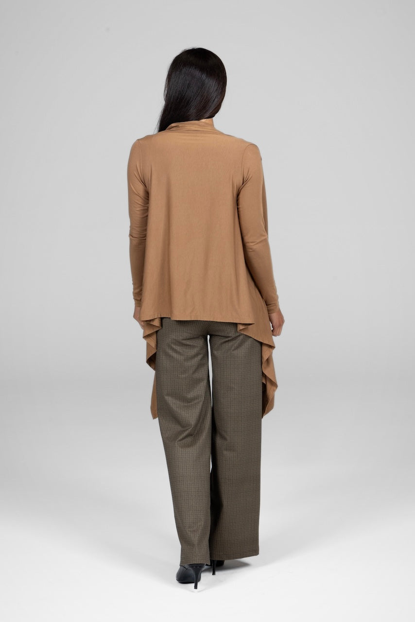 Soft camel infinity wrap cardigan, designed for versatile layering and comfort.