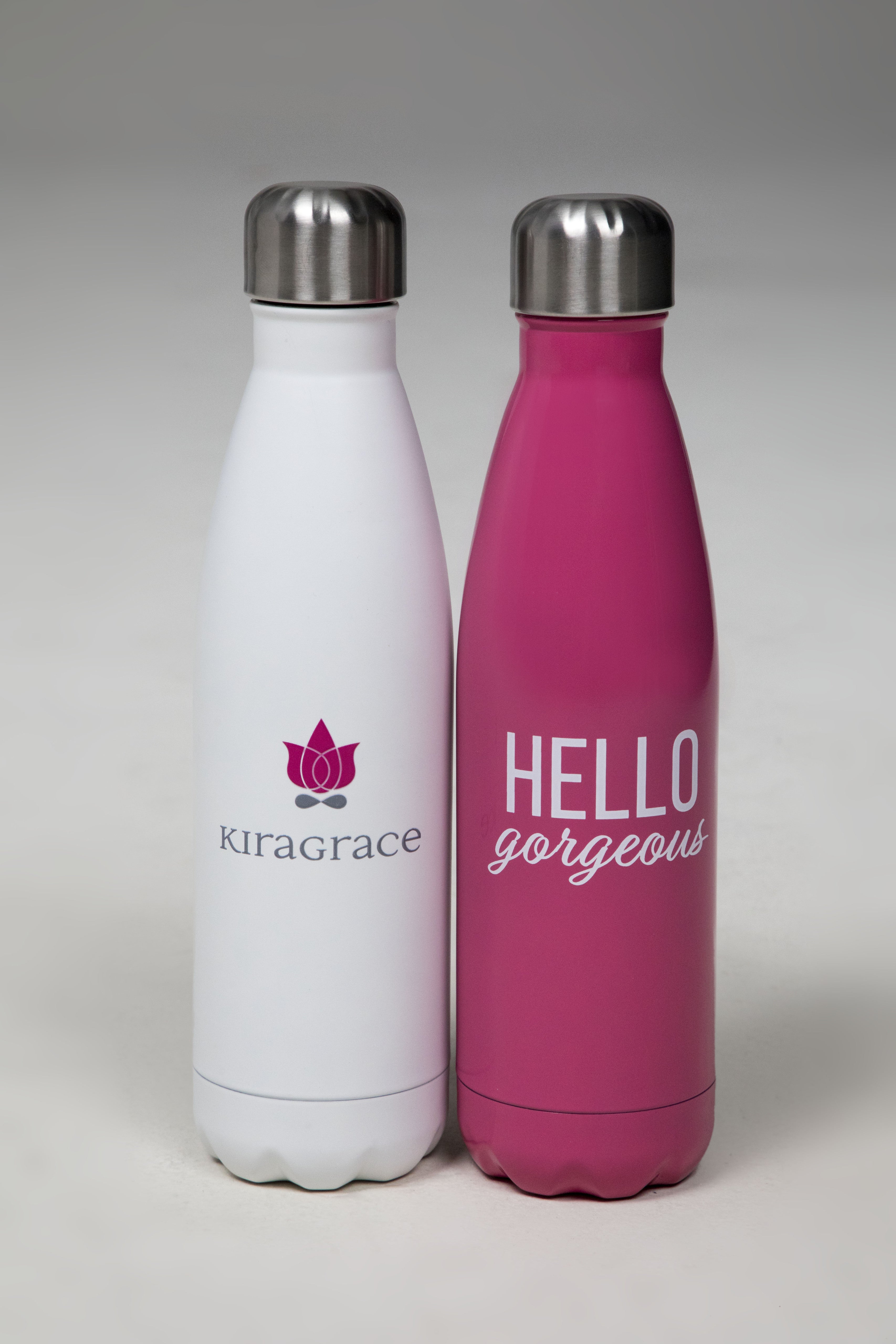 Pink and white water bottles 