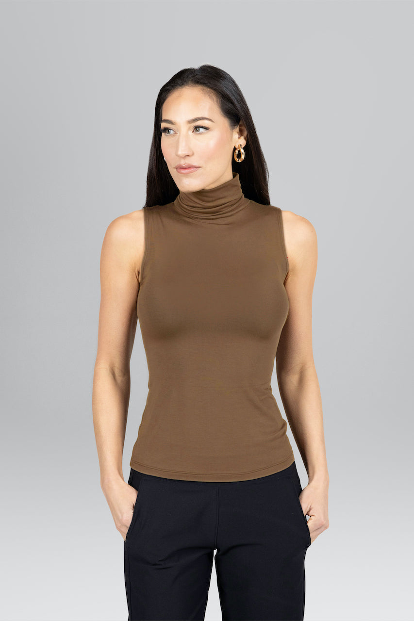 SLEEVELESS TURTLENECK: DARK KHAKI